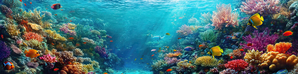 Fototapeta premium A vibrant coral reef teeming with colorful fish, surrounded by crystal-clear turquoise water.
