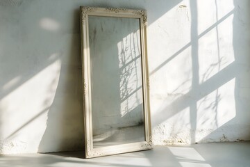 Antique mirror with a white frame leaning against a white wall with sunlight shining in