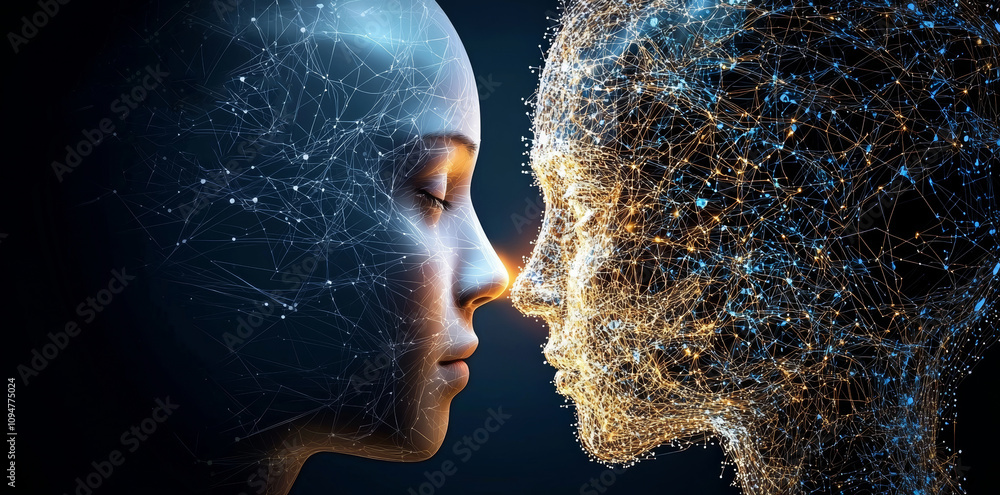 Poster The synergy of AI and machine learning, shown by robot and human hands touching extensive global network data, encapsulating the integration of internet, digital technology, science, and futuristic