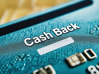 Macro shot of a credit card featuring "Cash Back" text, symbolizing financial rewards, savings, and consumer benefits.