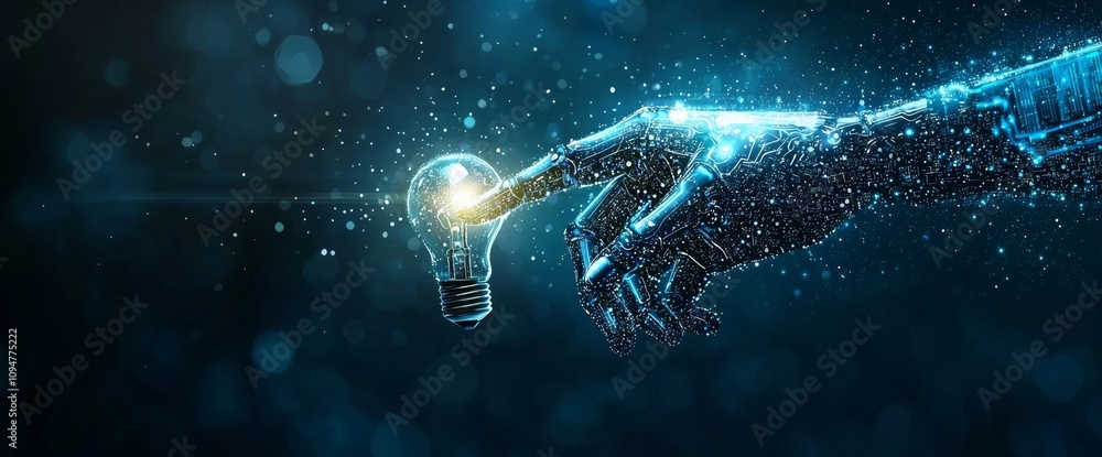 Poster stock, machine learning, robotic hands and human touch on big data, creative brain data in a light b