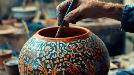 Artisan paints vibrant designs on a clay pot, showcasing its cultural significance