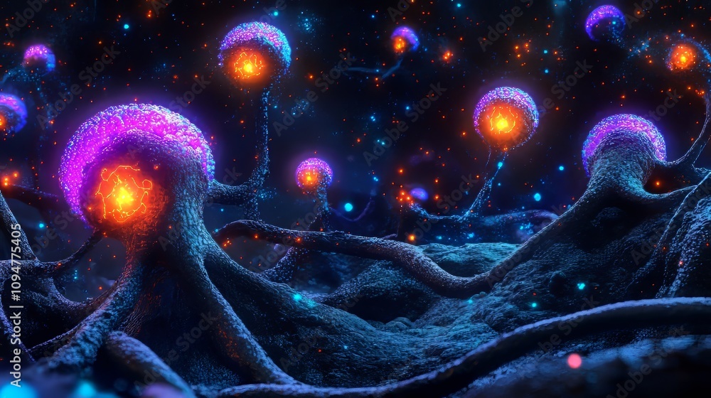 Poster glowing network of neurons and synapses, abstract 3d render illustration of neural connectivity