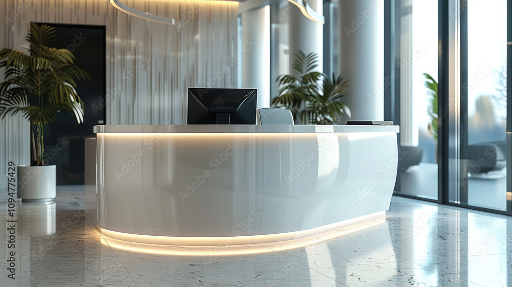 Poster reception desks with cylindrical shape in simple futuristic lines.