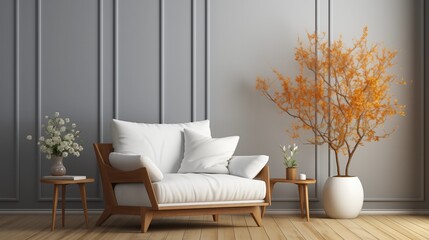 3D rendering of a modern living room with white armchair, reflecting a minimalist approach to home design.