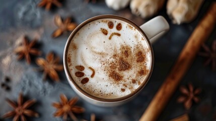 A cozy cup of spiced coffee topped with artistic foam and surrounded by aromatic spices.