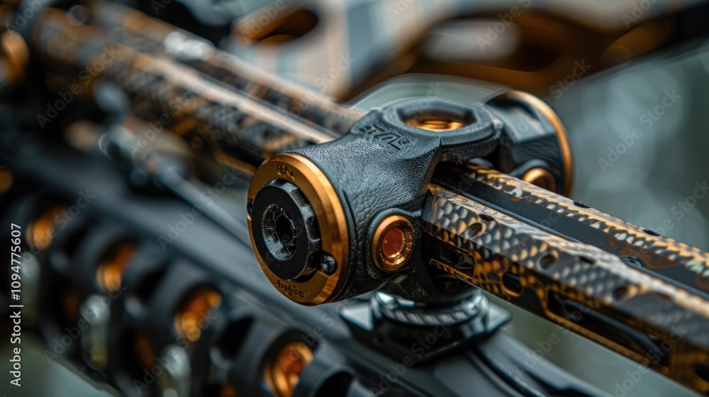 Aufkleber close-up of a high-tech archery bow sight with intricate design and precision components.