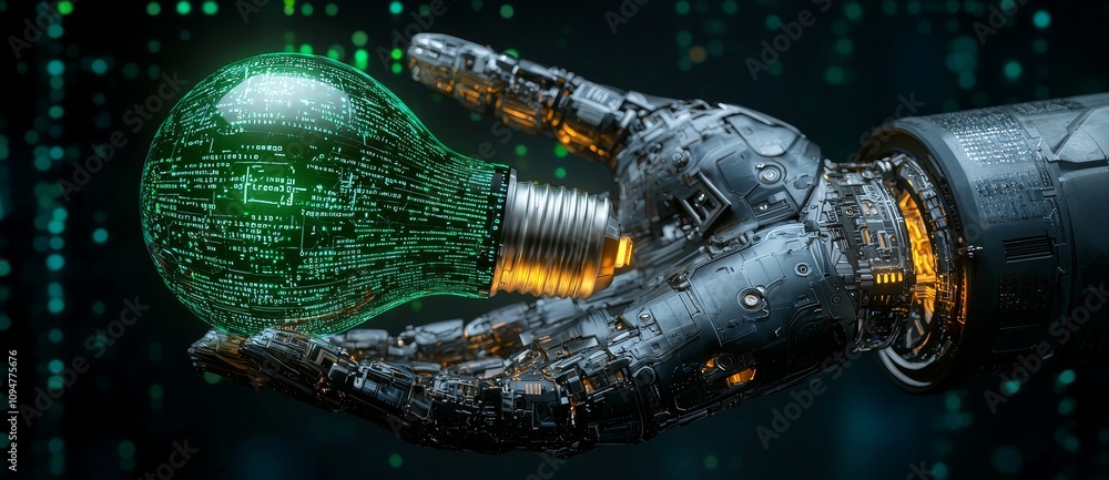 Poster A conceptual stock photo of AI and machine learning: a robotic hand with a glowing, colorful brain circuit in a light bulb, highlighting big data processing, deep learning, innovation, science, and