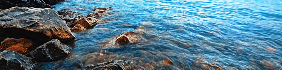 Obraz premium Oceanic Serenity: Calm blue waters lap gently at a rocky shore.