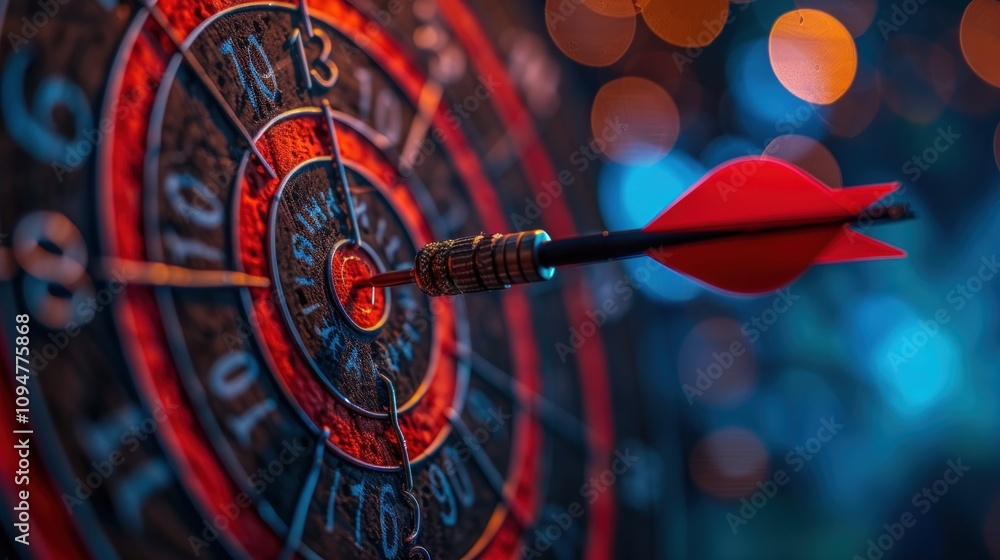 Poster a close-up of a dartboard with a dart striking the bullseye, showcasing precision in leisure.