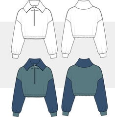 Roll Neck unisex sweatshirt, technical fashion illustration. Cropped hoodie fashion technical drawing template, zipper closure, front and back view. © gulsenbozkurt