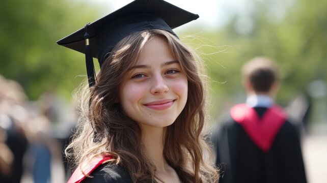Happy graduate smiling and wearing woman doctoral graduation cap gown and mortarboard