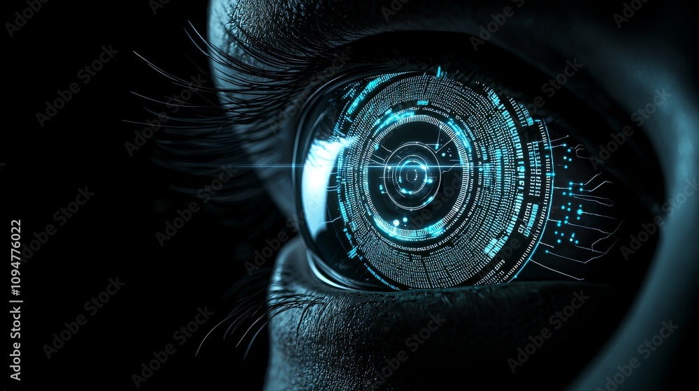 Poster The human eye's multicolored iris animation concept. Post-flash, rainbow lines disperse from a bright binary circle, forming a three-dimensional iris and pupil. Background rendered in 3D, 4K