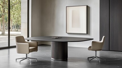 Stylish dining space showcases dark gray tiles and natural stone, accented by neutral art and black storage cabinets, creating a luxurious atmosphere