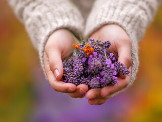 person holding loose bouquet of vibrant lavender sprigs, showcasing delicate purple and orange flowers. soft background enhances beauty of bouquet
