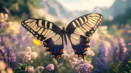 A yellow and black butterfly on flowers in a field.