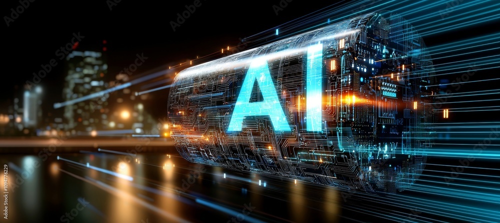 Poster microchip with ai text, colorful light spread in a powerful beam, ai concept banner with copyspace, 