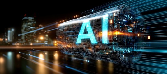 Fototapeta premium Microchip with AI text, colorful light spread in a powerful beam, AI concept banner with copyspace, stock image.