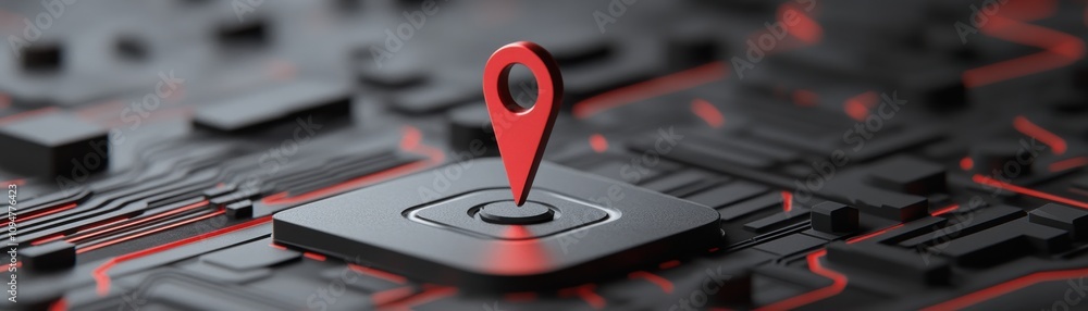 Poster a close-up of a circuit board with a red location pin, symbolizing navigation, technology, and digit