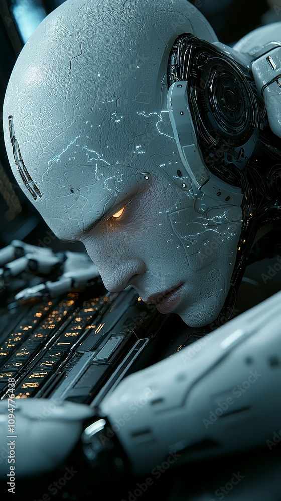 Poster a cyberpunk scene: a robotic arm attached to a complex circuit board converses with a computer monit
