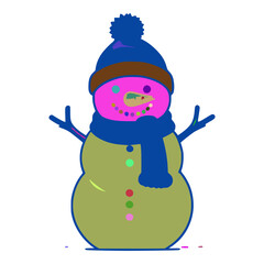 The snowman has a blue hat with a brown band around it. There is a green snowman with a blue scarf around its neck. There are green dots on the snowman's neck.