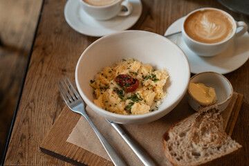 Perfect Breakfast with Scrambled Eggs and Coffee