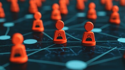 Abstract concept of a digital network, showcasing orange user icons connected on a dark blue tech-themed background symbolizing connectivity.