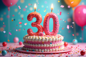 30th birthday card. Large, round birthday cake with the number 30 on top, surrounded by colorful balloons and confetti.