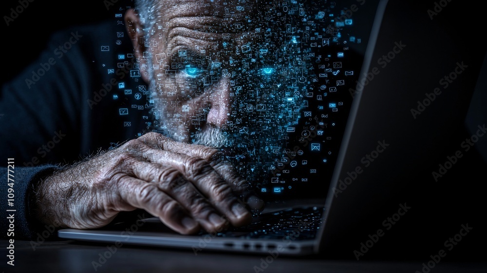 Poster On a digital tablet, Asian men analyze and develop software on a futuristic virtual interface, concentrating on big data management, algorithms, and data visualization.