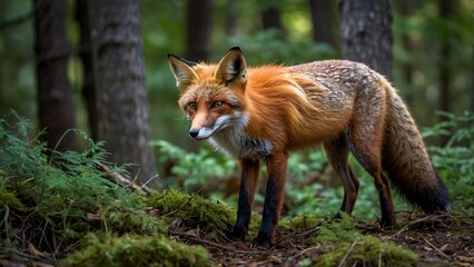 A red fox stands in a lush forest, showcasing its vibrant fur and natural habitat.
