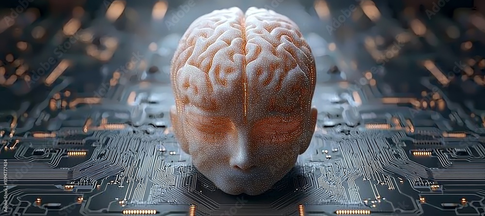 Poster the vision of a stock with a digital brain on a circuit board. the illustration shows a glowing, wir