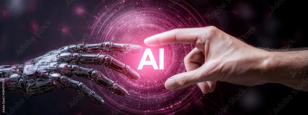 Poster In the realm of science and technology, AI and machine learning are depicted through robotic and human hands connecting on a big data network, emphasizing data exchange and deep learning innovation.