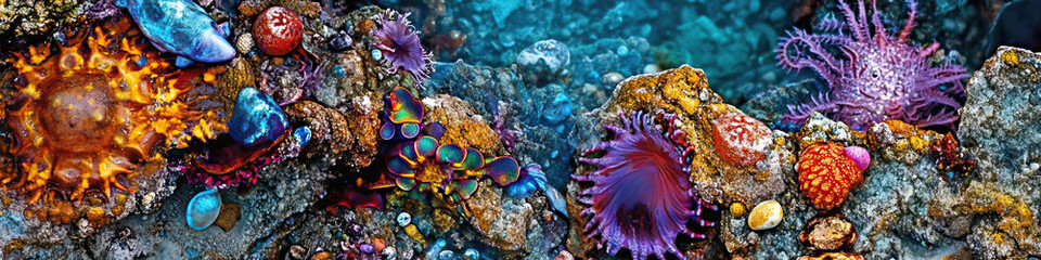 Tidepool: Vibrant sea creatures cling to rocky outcroppings at low tide.