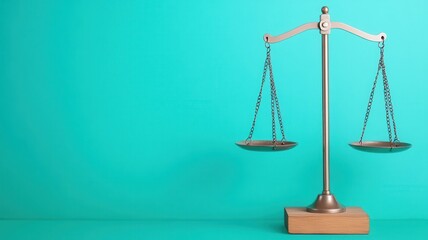 Minimalist image of a bronze balance scale placed on a wooden base, set against a bright turquoise background, symbolizing fairness and justice.