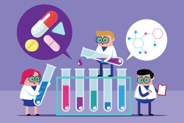 emotion cute vector, illustration flat cartoom character man and woman scientists doctor engineering medicine  in laboratory reasearch new drugs in chemistry concept.