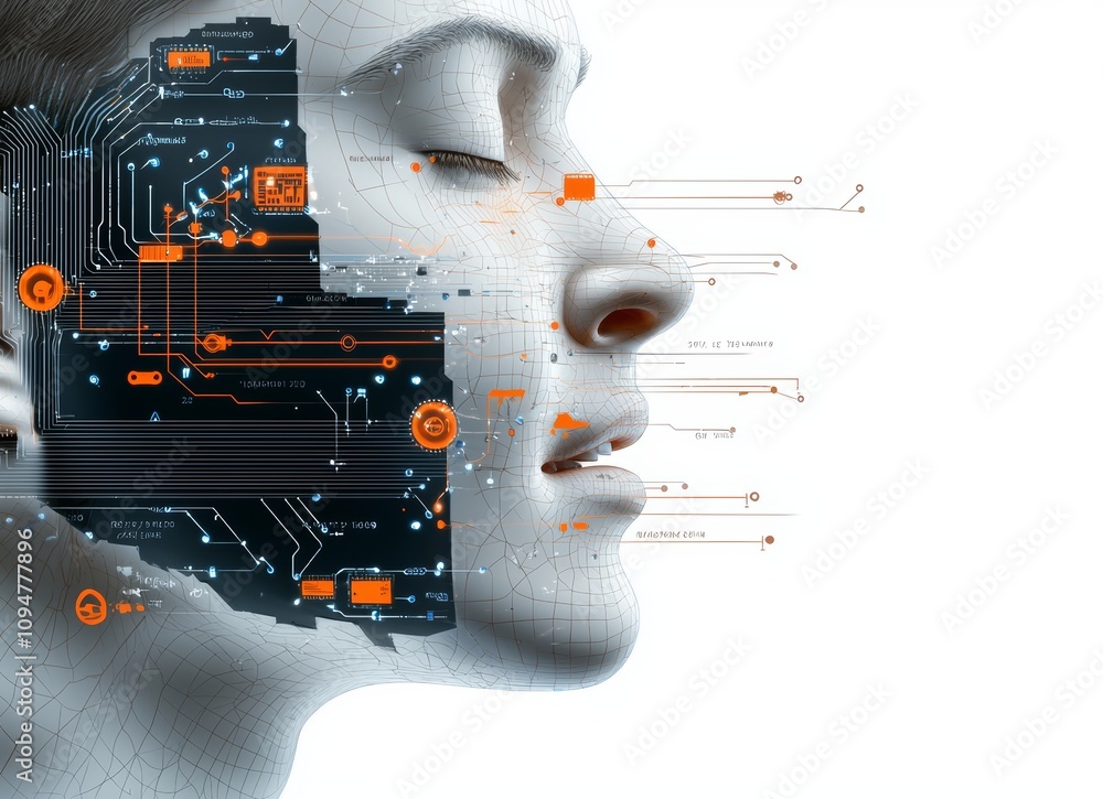 Poster the heads of a man and an ai robot are positioned to face each other.