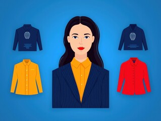 Illustration of a businesswoman in a suit surrounded by different stylish tops in yellow, red, and blue, symbolizing fashion and professional attire.