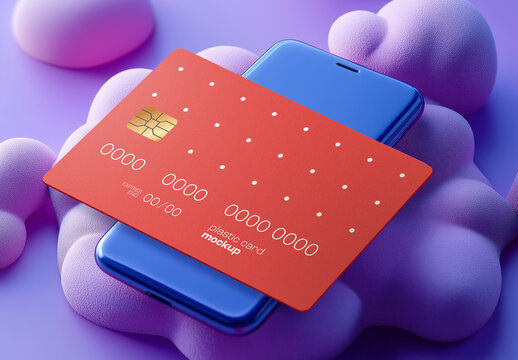 Payment Card Mockup &ndash; Stylish Debit or Credit Card Scene on Smartphone with Abstract 3D Background