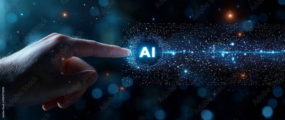 Poster A businessman employs a laptop and AI, utilizing a stock AI application to optimize work efficiency, accessing data over the network, and incorporating Machine Learning and Deep Learning for advanced