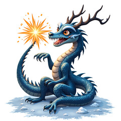 Fototapeta premium A vibrant dragon with antlers breathing fire in a winter wonderland setting, digital art of fantasy creature concept.