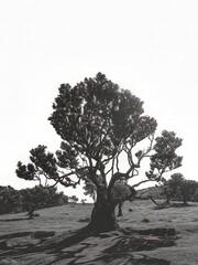 Black and white image of a solitary tree with sprawling branches in Fanal Forest, Madeira.