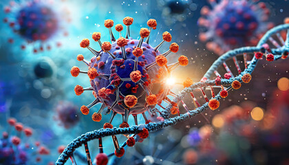 Microscopic close-up of a virus structure with a glowing DNA strand, highlighting scientific research and molecular biology advancements