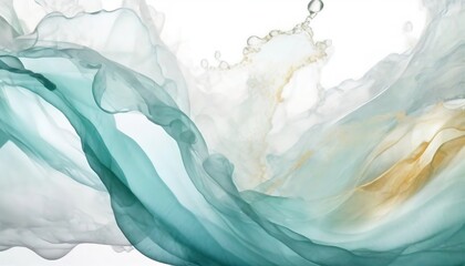 Abstract waves of translucent colors in shades of teal and gold blending together in a fluid motion, showcasing artistic digital creativity