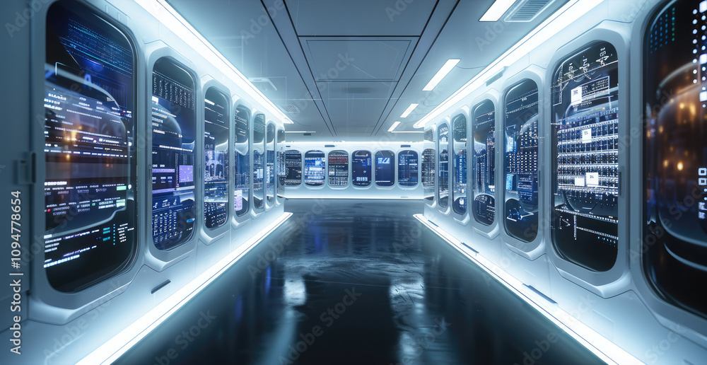 Aufkleber Enterprise data center, multiple servers, clean holographic monitoring displays.