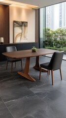 Fototapeta premium Stylish dining space showcases dark gray tiles and natural stone, accented by neutral art and black storage cabinets, creating a luxurious atmosphere