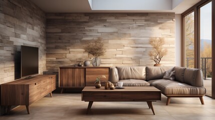 A stylish modern living room with a sideboard and door, showcasing the clean lines and minimalistic elements of the interior.