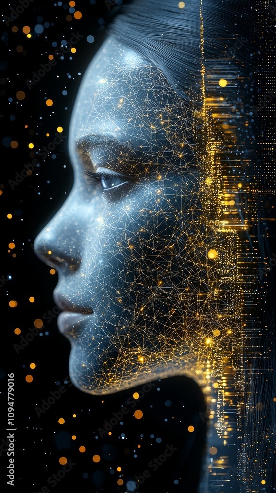 Poster an abstract face, embodying a digital mind, shattering into data pieces.