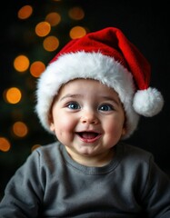 Joyful baby looking at camera in christmas costume 