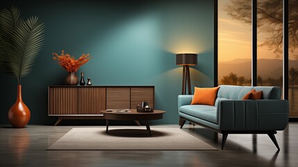 A contemporary living room with sleek furniture, a sideboard, and door, rendered in 3D for a realistic view of the modern design.
