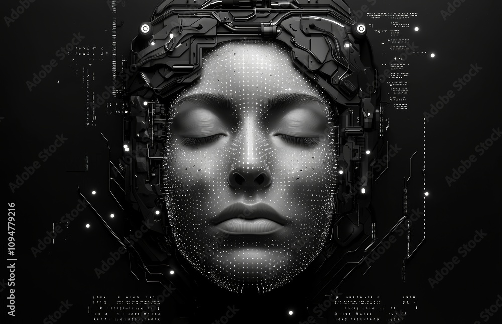 Poster A 3D graphic composition representing the subject of future technologies, available as a stock image.